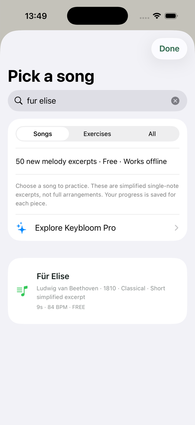 Keybloom song library showing a search result for Für Elise
