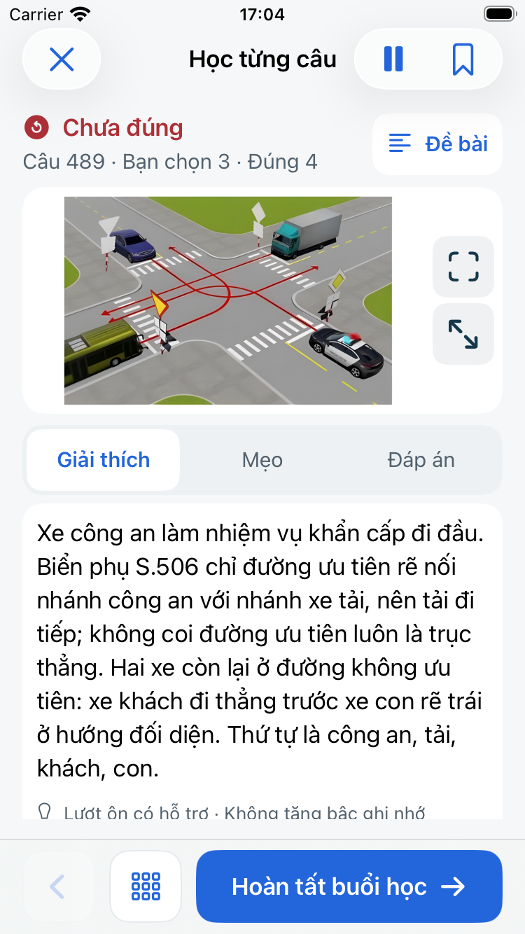 Màn hình giải thích đáp án sau khi làm câu hỏi