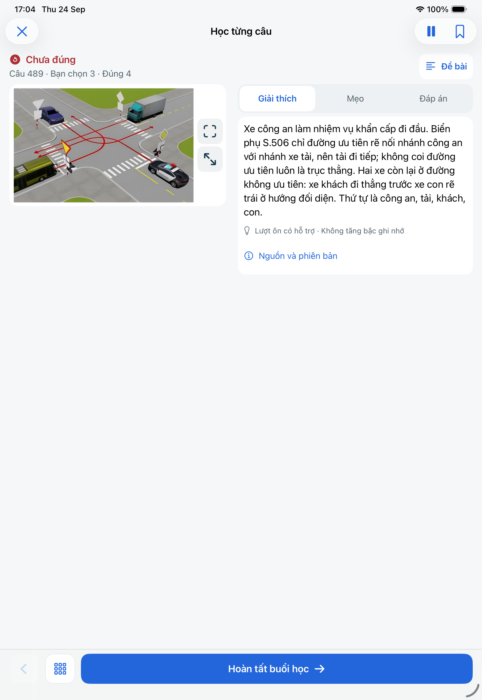 Giao diện giải thích câu hỏi trên iPad