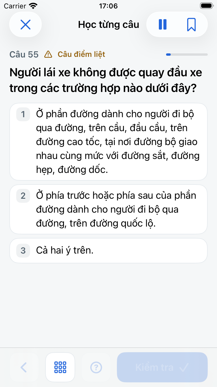 Màn hình học câu điểm liệt trong Ôn Thi GPLX