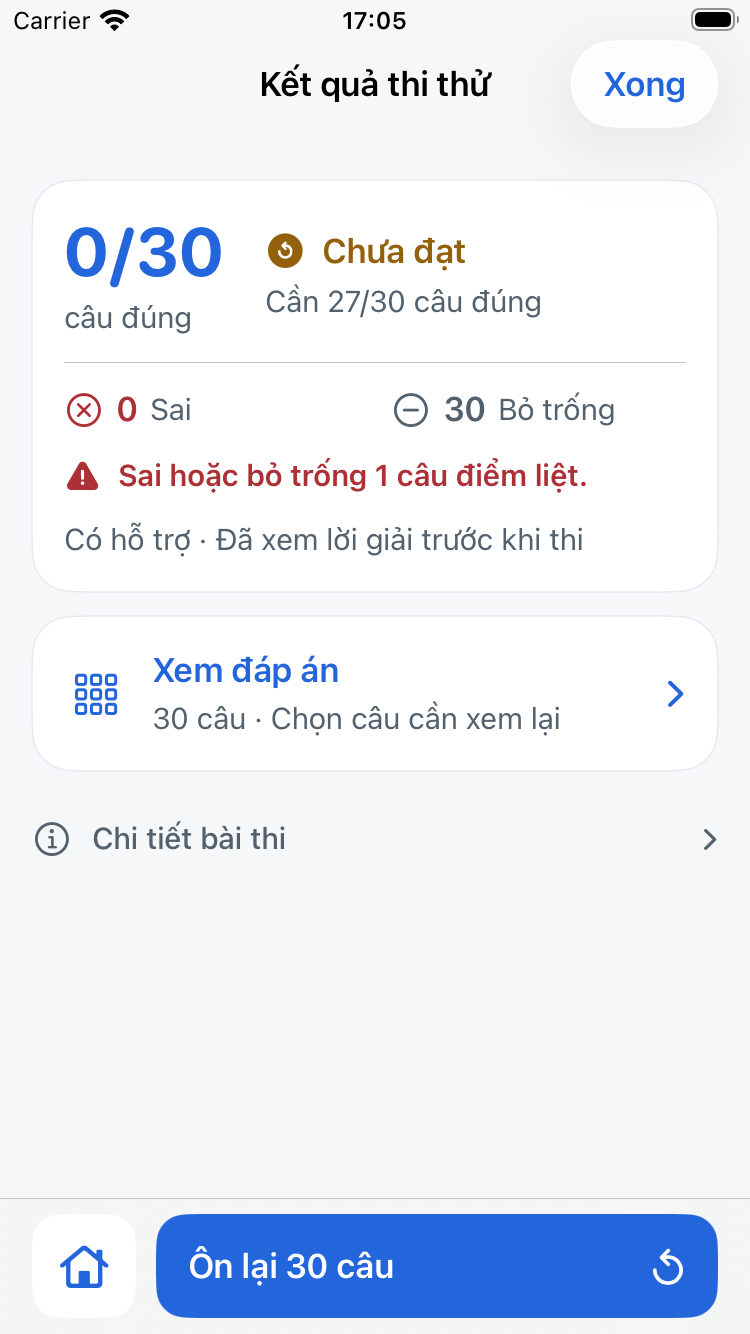 Màn hình kết quả bài thi thử 30 câu