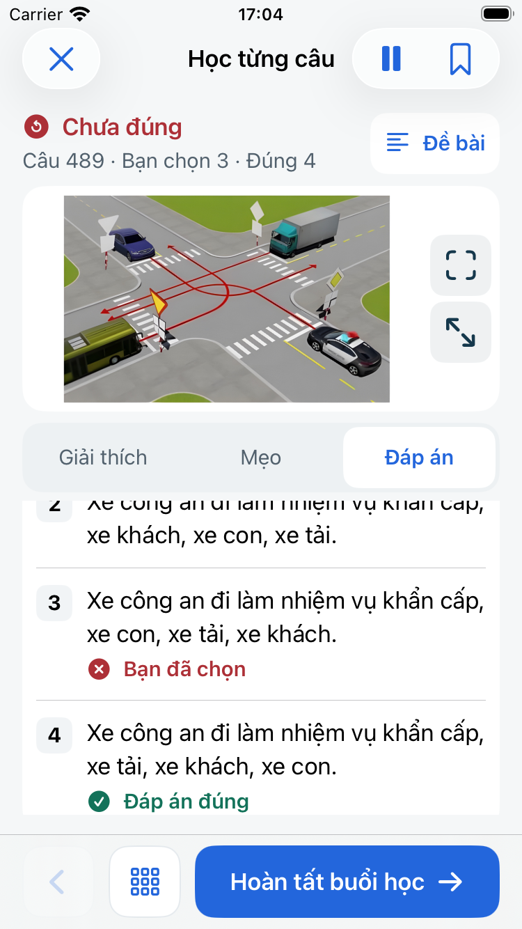 Lưới xem lại câu sai và câu bỏ trống