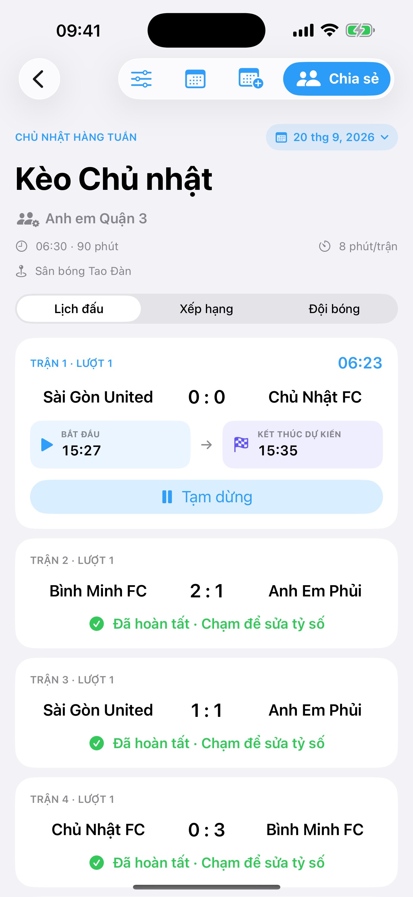 Lịch đấu rõ ràng trên sân — Phủi League