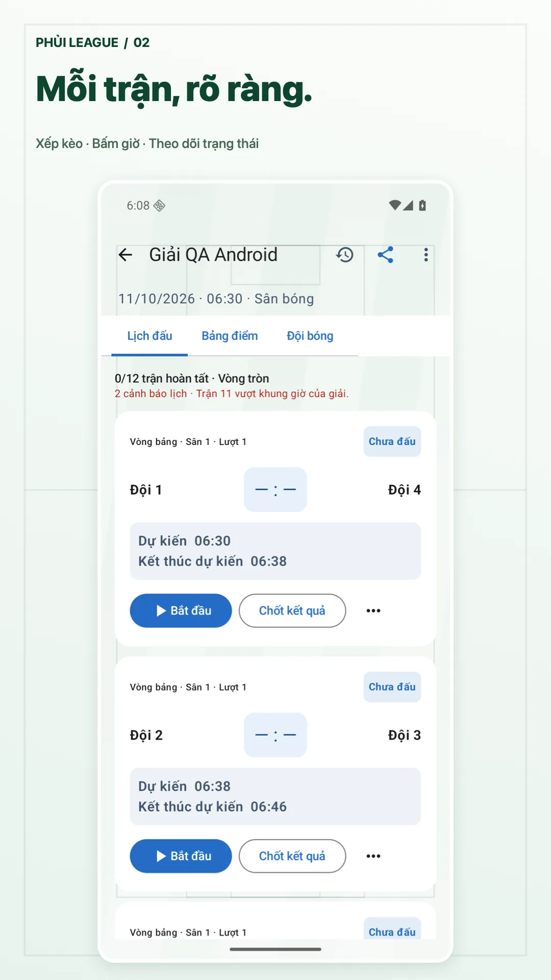 Phủi League · android · Lịch đấu và bấm giờ