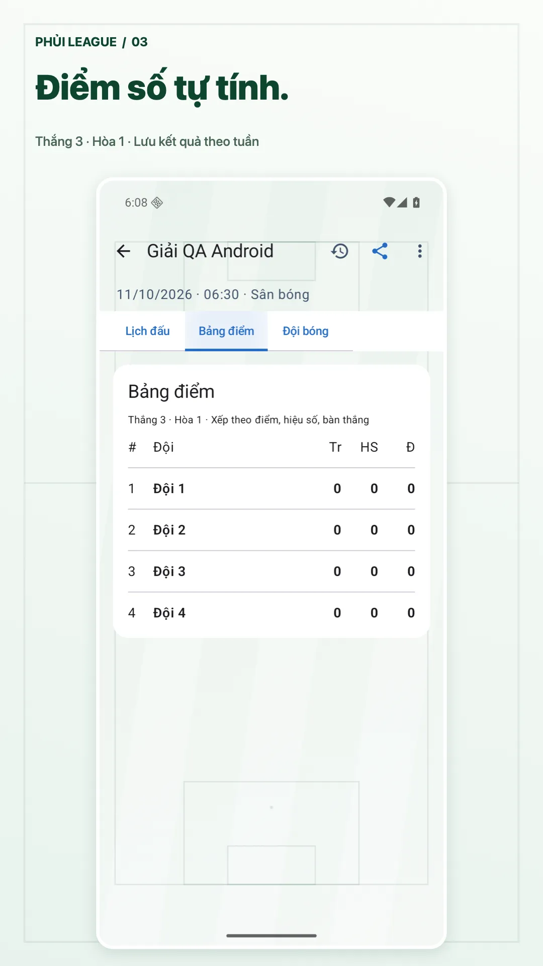 Phủi League · android · Bảng điểm theo tuần