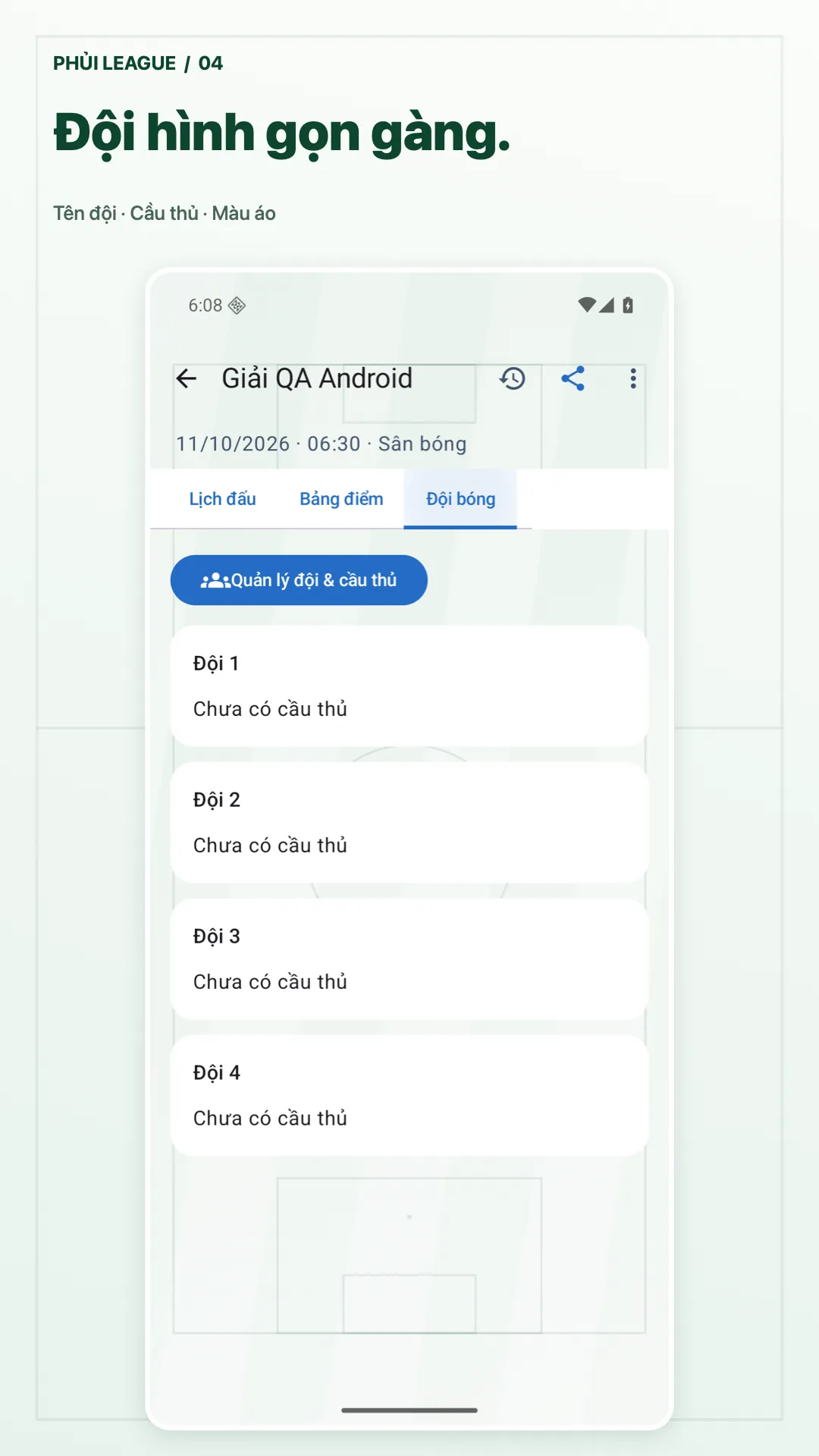 Phủi League · android · Đội và cầu thủ