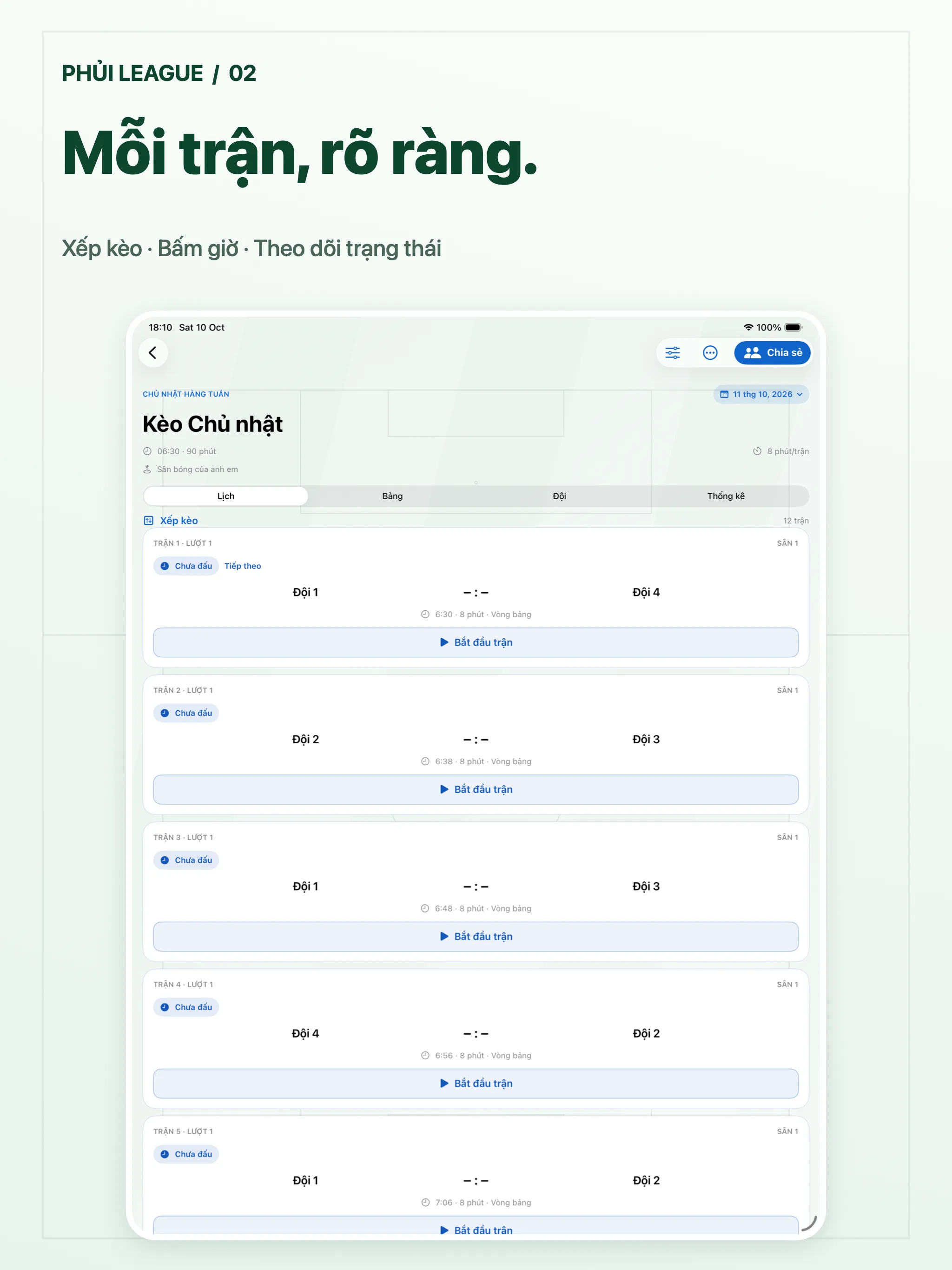 Phủi League · ipad · Lịch đấu và bấm giờ