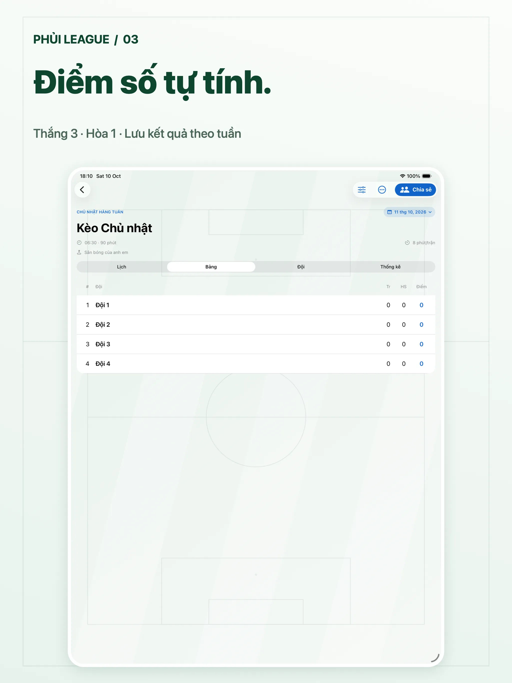Phủi League · ipad · Bảng điểm theo tuần