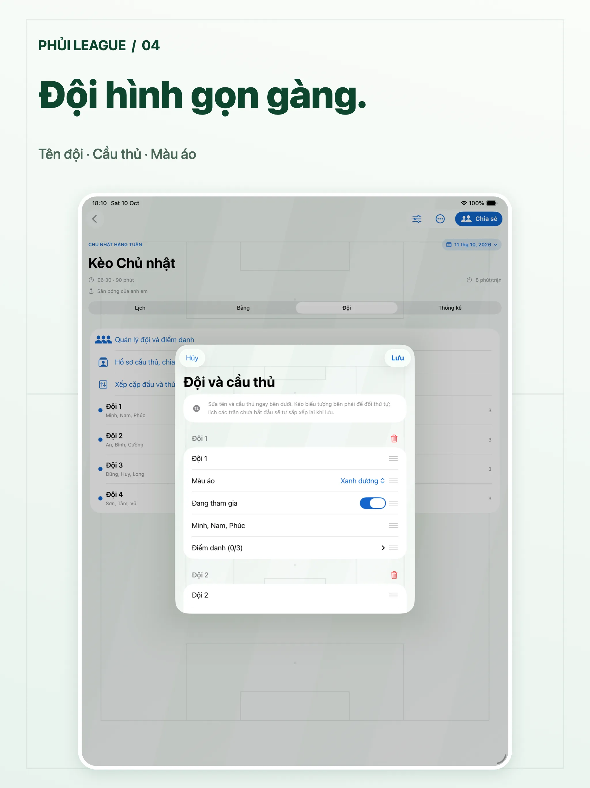 Phủi League · ipad · Đội và cầu thủ