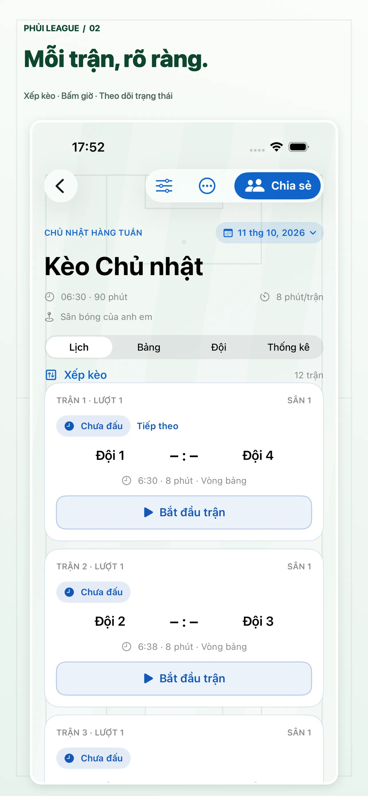 Phủi League · iPhone · Lịch đấu và bấm giờ
