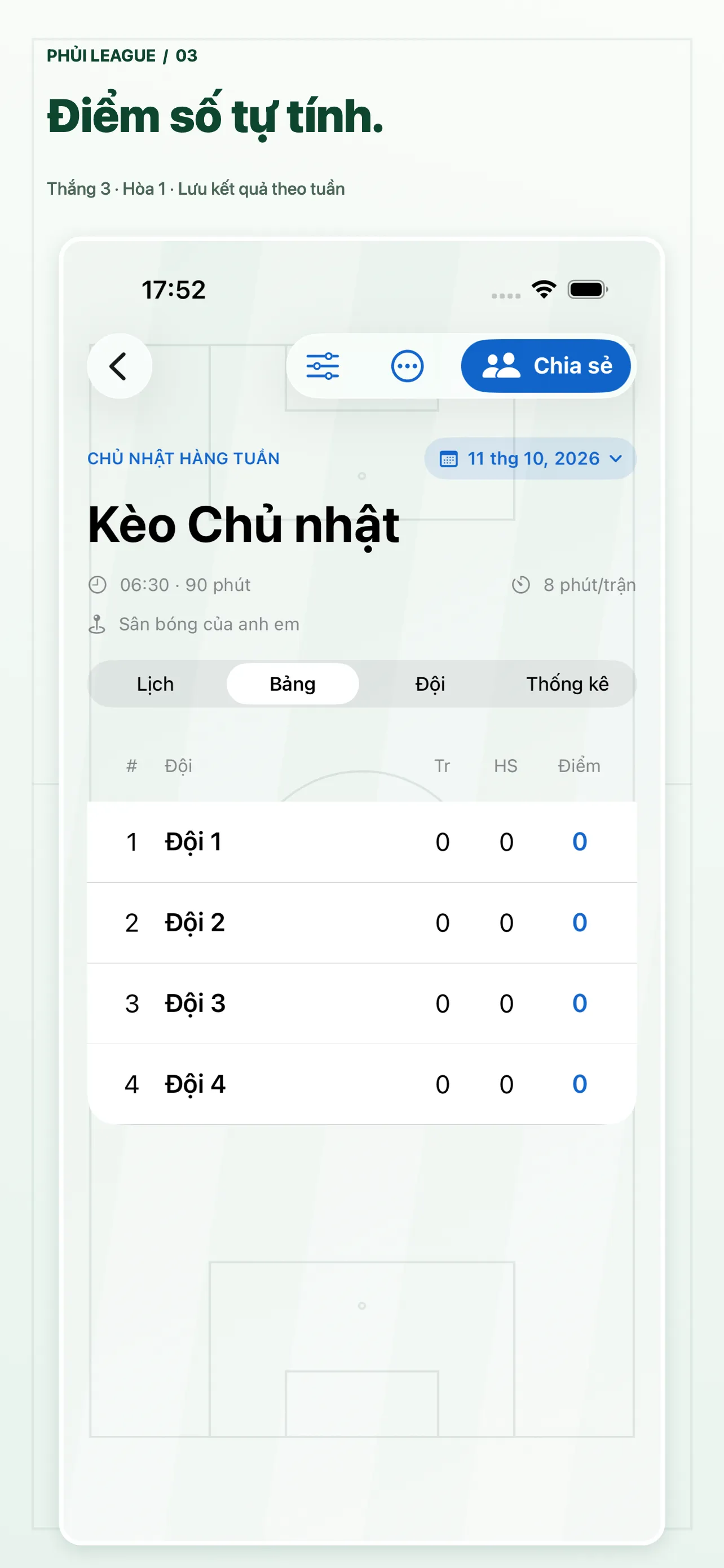 Phủi League · iPhone · Bảng điểm theo tuần
