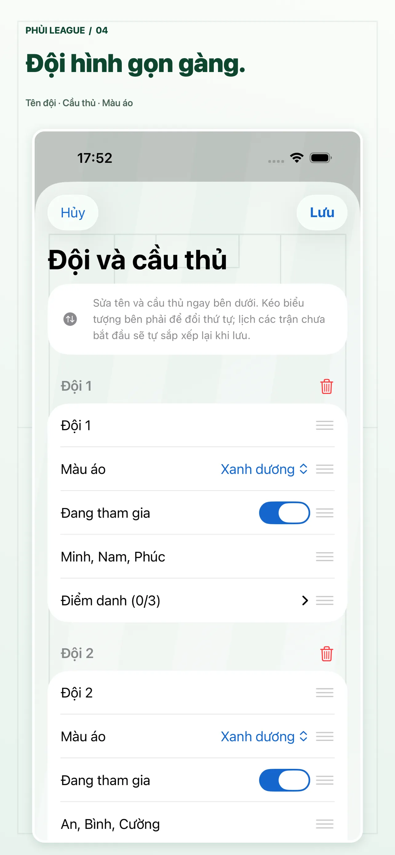 Phủi League · iPhone · Đội và cầu thủ