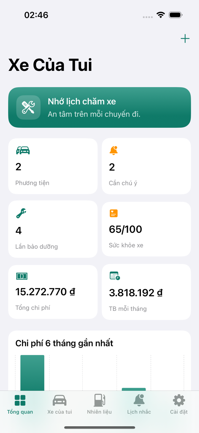 Xe Cua Tui dashboard with two vehicles, health score and costs