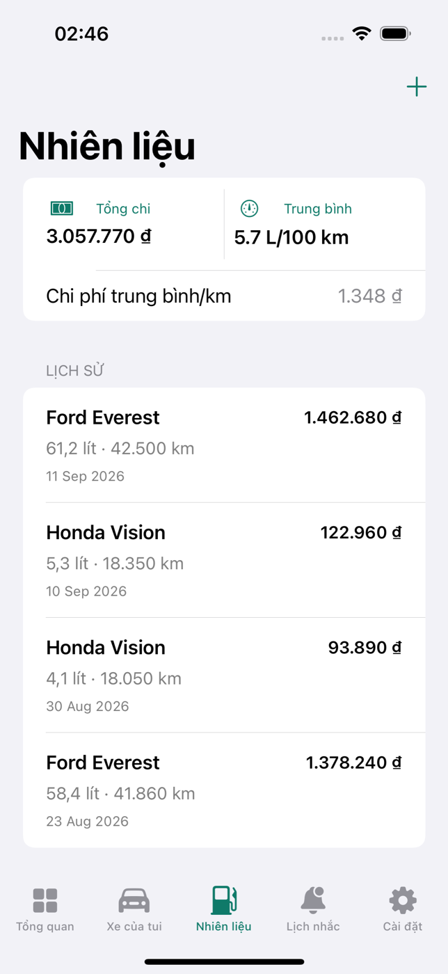 Fuel screen showing economy and fill-up history
