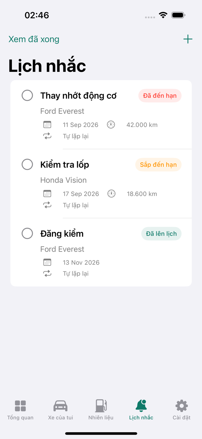 Reminder list for oil, tyres and registration